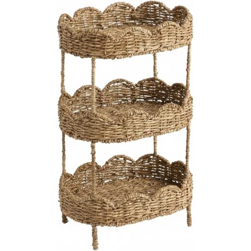 3 Tier Floor Stand Scalloped Basket Stand 3 Tier Oval Seagrass Scalloped Storage Basket Floor Rack with Market Baskets Hand Woven Laundry Rack for Bathroom Kitchen Laundry Living Room Storage