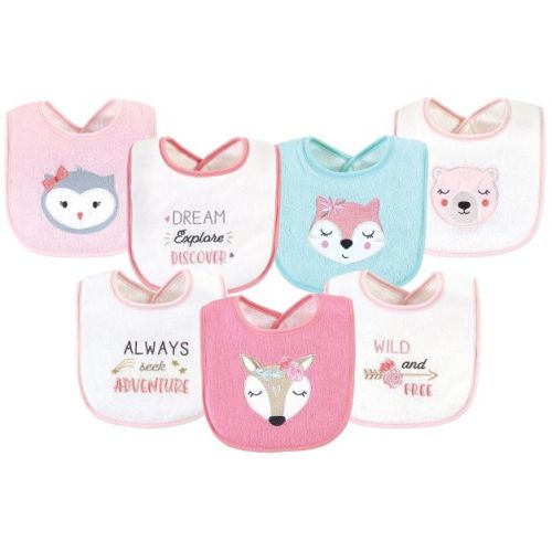 Hudson Baby Infant Girl Cotton Terry Drooler Bibs with Fiber Filling, Pink Girl Woodland, One Size