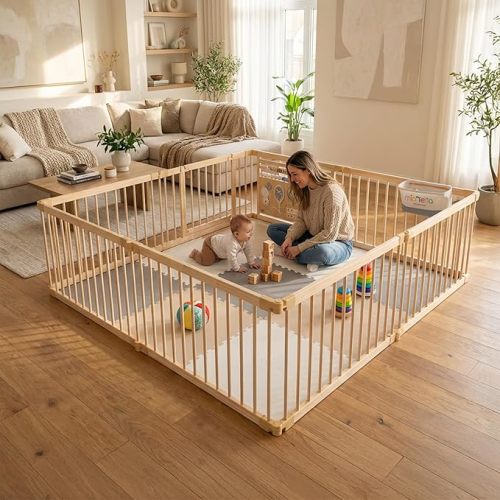 Miotetto Baby Playpen, Wooden Playpen for Babies and Toddlers, Foldable Fence with Montessori Activity Panel, Storage Basket & Gate, Portable, Easy to Assemble Baby Play Pen Natural Wood Playyard