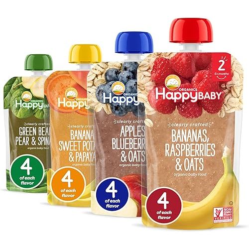 Happy Baby Organics Stage 2 Baby Food Pouches, Gluten Free, Vegan & Healthy Snack, Clearly Crafted Fruit & Veggie Puree, Fruit & Veggie Variety Pack, 4 Ounces (Pack of 16), Amazon Exclusive
