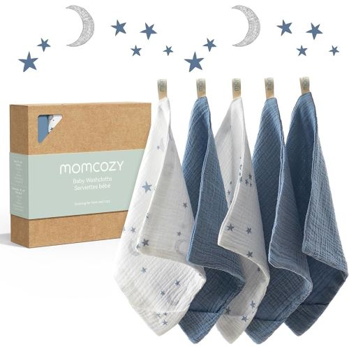 Momcozy Soft & Absorbent Baby Washcloths - 4 Layer Design| Medium Thickness| Premium Cotton for Newborns' Skin-Great for Bathing, Wiping & on-The-go Use, Shower Gift and Essential(5 Pack, 10x10 inch)