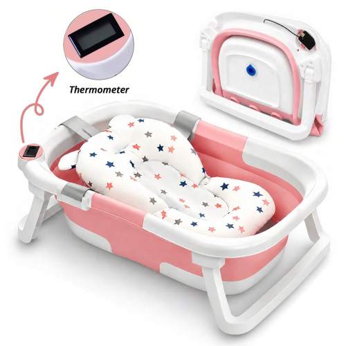 Foldable Baby Bathtub, Suitable For Newborns To Infants Aged 0-36 Months, Comes With A Soft Cushion And Thermometer,Portable Travel Baby Tub For New