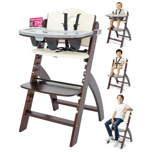 Abiie Beyond Junior Convertible Wooden High Chair with Removable Tray | 3-in-1 Adjustable Highchair for Babies & Toddlers, Fits 6 Mos to 250 lbs, Water-Resistant, Mahogany Wood w/ White Cushion