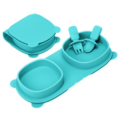 Baby Plates with Suction with Forks and Spoons, Foldable Silicone Toddler Plates, Baby Travel Essential, Microwave & Dishwasher Safe, Aqua