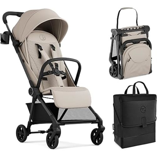 Mompush Nexis Carbon Travel Stroller, Ultra-Lightweight 11.5 lbs, Compact & Airplane Carry-On Approved, One-Second Auto-Fold, One-Hand Full Recline, from Birth to 50 lbs, Travel Bag Included, Khaki