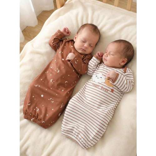 2pcs/ Autumn/Winter Set Newborn Baby Pink Star, Moon, Cloud & Stripe Pattern Long Sleeve Pajamas | SHEIN USA