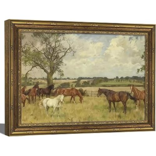 Vintage Gold Framed Wall Art Farmhouse Horse Painting Picture Wall Decor Rural Animal Nature landscape Poster Print Artwork for Living Room Bedroom Farmhouse Office Home Decoration 9x11inch