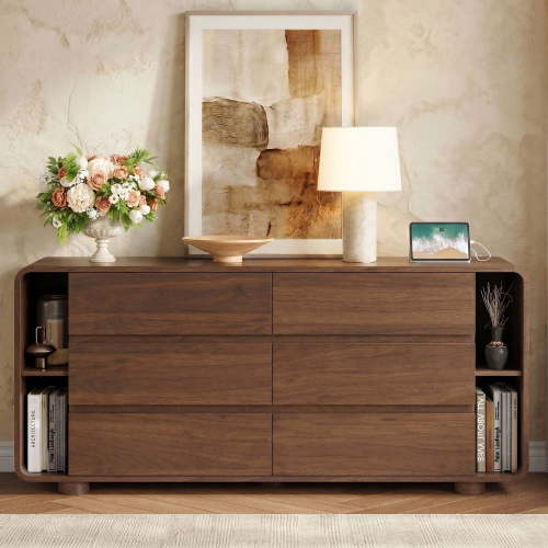 6 Drawer Dresser with Shelves, 63'' Wide Bedroom Chest of Drawers, Walnut