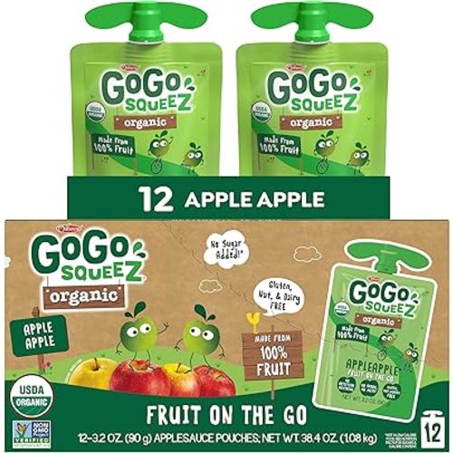 GoGo squeeZ No Sugar Added Organic Applesauce and Fruit Puree, Apple Apple, 3.2 oz Pouches (Pack of 12), Fruit Snacks for Kids, Gluten Free, Nut Free, Recloseable Cap, BPA Free