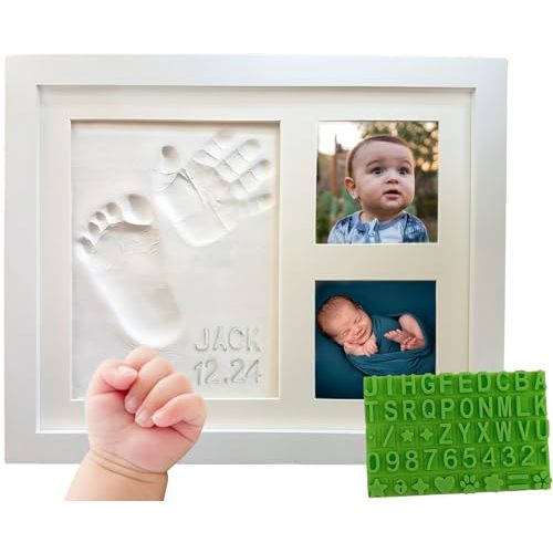 Baby Hand & Footprint Frame Keepsake Kit | Capture Milestone Moments with Safe Clay, Stencil Set & Wood Frame | Perfect Newborn Gift for Baby Showers | White