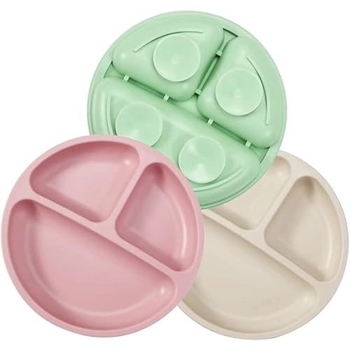 PandaEar 3 Pack Divided Unbreakable Silicone Baby and Toddler Plates - Non-Slip - Dishwasher and Microwave Safe - Silicone (Pink Green Light Tan)