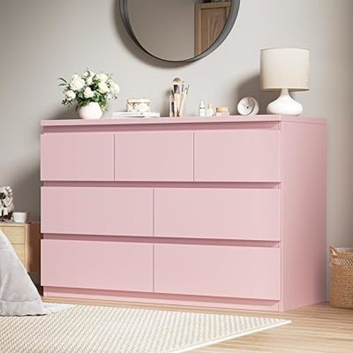 Pink 7 Drawer Dresser for Bedroom,Modern Wood Chest of Drawers,Closet Clothes Storage Organizer with Deep Drawers for Living Room Hallway Entryway,Nursery (15.3" D x 47.2" W x 32.3" H)