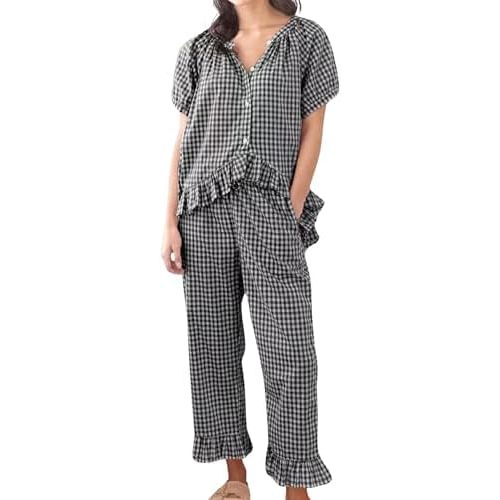 Womens Gingham Pajama Set 2 Piece Short Sleeve Babydoll Shirt and Pants Lounge Set Cute Sleepwear