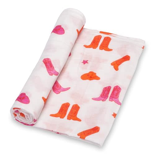 LollyBanks Baby Muslin Swaddle - 100% Cotton, Soft Pink Boot Print Blanket, 47 x 47 Inches, Newborn Essentials, Registry