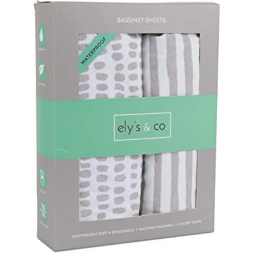 Ely's & Co. Patent Pending Waterproof Bassinet Sheet, No Need for Bassinet Mattress Pad Cover, 2 Pack Neutral Taupe Grey Splash & Stripes,for Baby Girl and Boy