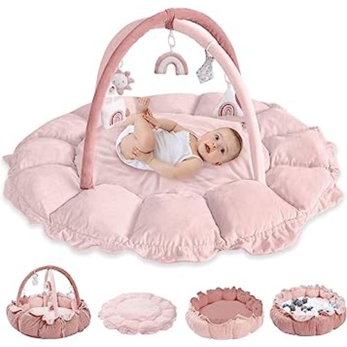 HAN-MM 5-in-1 Convertible Baby Play Gym with 6 Toys, Tummy Time Mat for Sensory Development, Baby Activity Center from Newborn to Toddler, Ball Pit, Cat & Dog Bed, Soft Plush Pet Bed, Pink