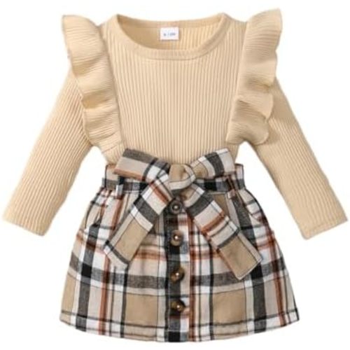 Noubeau Toddler Baby Girls Plaid Outfits Knit Ribbed Sweatshirt Shirt Tops Red Plaid Belt Skirt Fall Winter Clothes