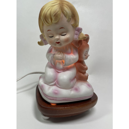 Vintage Baby Nursery Music Box Night Light Brahms Lullaby Praying Girl WORKS
