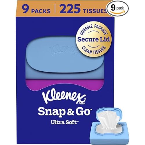 Kleenex Snap & Go Ultra Soft Facial Tissues, 9 Packs, 25 Tissues per Pack