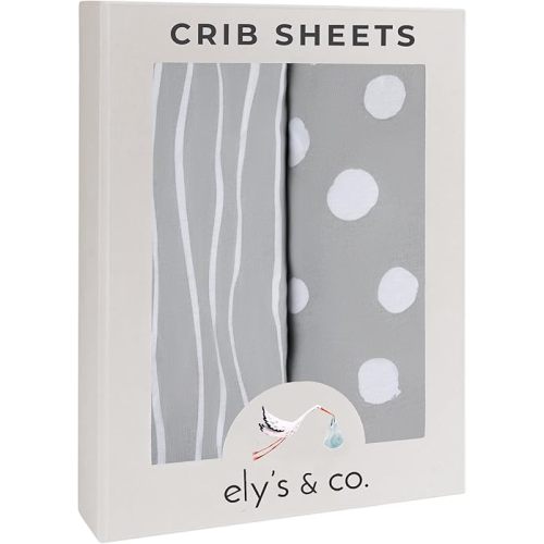 Crib Sheet Set | Toddler Sheet Set 2 Pack 100% Jersey Cotton Grey and White Abstract Stripes and Dots by Ely's & Co