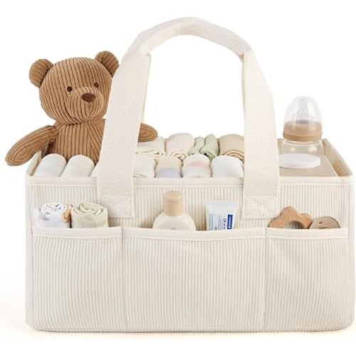 Corduroy Baby Diaper Caddy Organizer with Lid, Gift Basket for Baby Shower