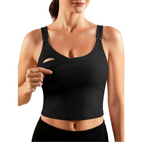 Ecavus Nursing Bras for Breastfeeding Longline Sports Maternity V Neck Buttery Soft Crop Tank Top with Built in Bra