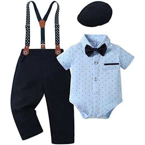 YALLET Baby Boy Clothes Set Infant Tuxedo Long Sleeve Gentleman Suit Outfits + Beret Hat + Suspender Pants + Bowtie 0-24M