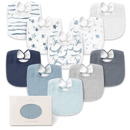 Konssy 10-Pack Muslin Baby Bibs, Soft Cotton Bandana Bibs for Drooling & Teething, Unisex Solid Colors for Boys & Girls, Newborn & Infant