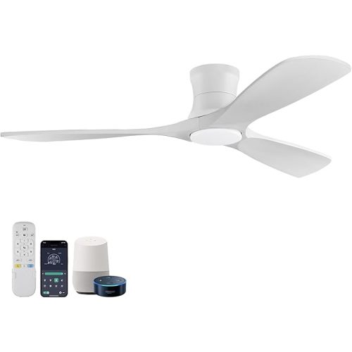 52in Smart Low Profile Ceiling Fans with Lights Remote,Quiet DC Motor,Outdoor Indoor Flush Mount Ceiling Fan,Control with WIFI Alexa App,Dimmable,6-speed,3 White Wood blades,for Modern Bedroom Patio