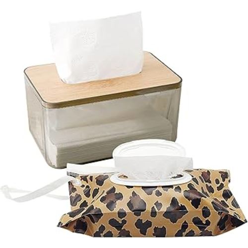 2 PCS Tissue Holder and Portable Wet Wipe Pouch, Dryer Sheet Dispenser Box with Bamboo Wood Lid, Transparent Container Storage Box, Tissue Organizer for Living Room,Bathroom, Bedroom