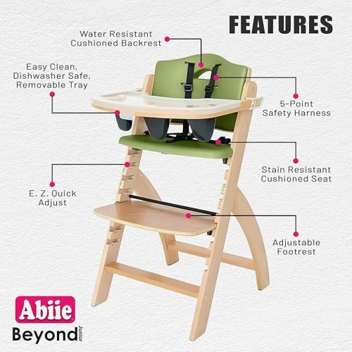 Abiie Beyond Junior Wooden High Chair with Tray - Adjustable and Convertible High Chair for Babies and Toddlers - 6 Months to 250 Lb - Water Resistant - Natural Wood with Olive Cushion