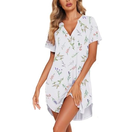 Ekouaer Women V Neck Button Down Nightgown
