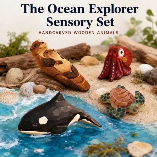 Ocean Explorer Sensory Set - Handcarved Wooden Sea Animals - Montessori Waldorf Toys - Sea Otter, Orca, Octopus, Turtle - Nursery Decor Gift