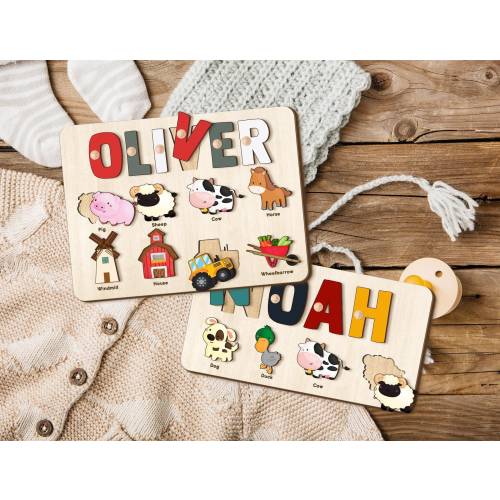 Farm Animal Name Puzzle with Pegs, Wooden Busy Board, 1st Birthday Gift for Kids, Baby Shower Gift, Nursery Decor, Wood Toy for One Year Old