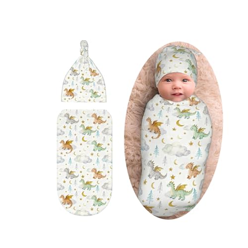 Cute Dragon Print Baby Swaddle Blanket with Beanie Set, Soft Cloud Moon Star Swaddle Sack Newborn Receiving Blanket for Girls Boys
