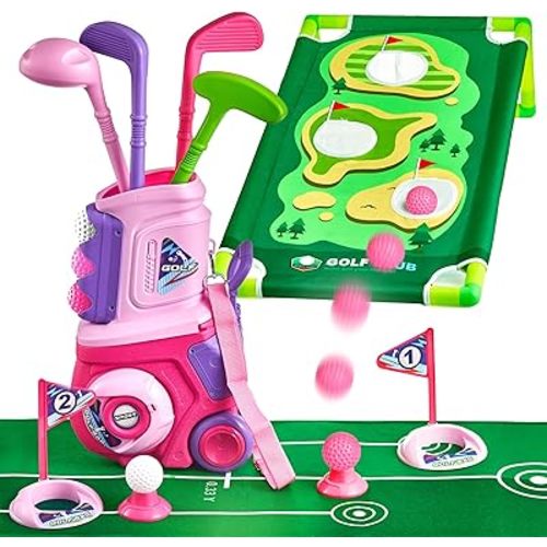 PJG Toddler Golf Set, Plastic Kids Golf Clubs Ages 1 2 3 4 5 Years Old with 4 Golf Clubs and 10 Balls, Indoor and Outdoor Golf Toys with Cart for Boys Girls Birthday Gift (Pink with mat and Cornhole)