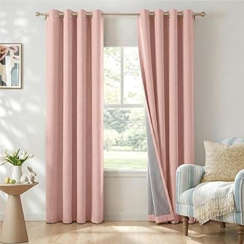 100% Blackout Shield Linen Look Textured Blackout Curtains for Bedroom 84 Inches Long, Blush Pink Grommet Curtains for Living Room, Thermal Insulated Room Darkening Drapes, 50" W x 80" L, 2 Panels