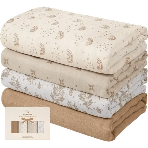 Yoofoss Muslin Swaddle Blankets, 4-Pack Receiving Blankets for Baby Boys and Girls, 47 x 47 Inches Baby Neutral Swaddle Wrap 70% Rayon from Bamboo and 30% Organic Cotton