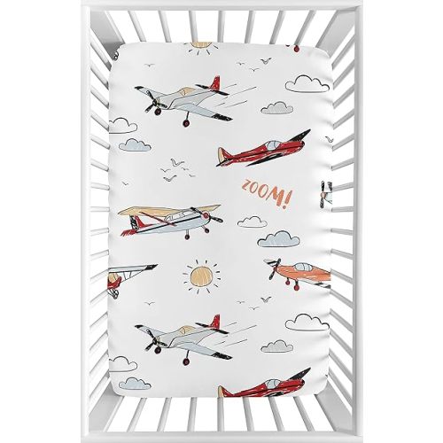 Sweet Jojo Designs Vintage Airplane Boy Fitted Mini Crib Sheet Baby Nursery for Portable Crib Pack and Play - Grey Yellow Orange Red White Blue Airplanes Air Plane Transportation Clouds Sky Aviator