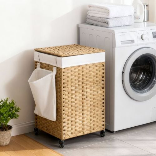 LEDREM 3 Section Laundry Hamper with Lid, Rolling Wicker Laundry Basket, 42.3 Gal., 18.1 x 15.7 x 26 Inches, Yellow