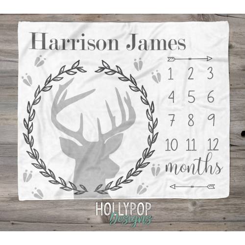 Baby Boy Milestone Blanket, Newborn Milestone Growth Blanket, Woodland Deer Silhouette Boy Monthly Growth Blanket, Milestone Photo Blanket