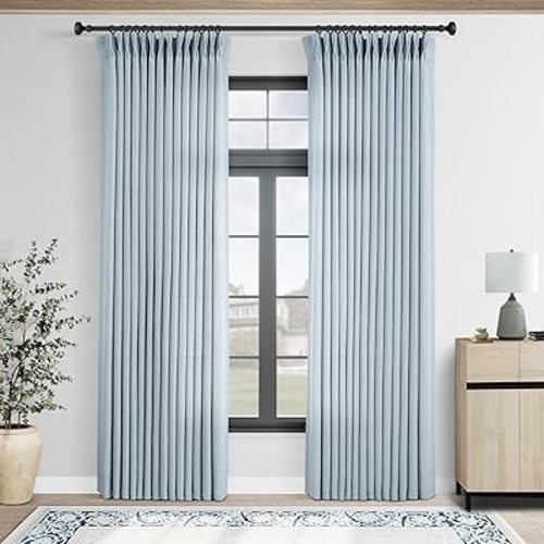Light Blue Pinch Pleated Linen Curtains 90 inches Long with Clips and Hooks for Boys Bedroom Elegant Neutral Farmhouse Dusty Blue Semi Sheer Pleat Drapes Living Room 40"x90" 2 Panels Grey Blue