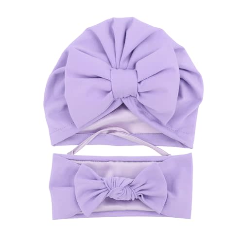 Jomila Bundle of Bonnet and Headband for Baby Newborn Silk Satin Lined Beanie Toddler Infant Girls Adjustable Hat 0-6 Months