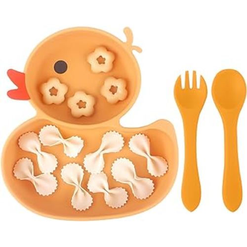 Qshare Powerful Suction Plates for Baby and Toddler,Baby Divided Plate,Thanksgiving Plates with Fork and Spoon,Duck Baby Plate Non-Slip,BPA Free,Microwave & Dishwasher Safe (Orange)