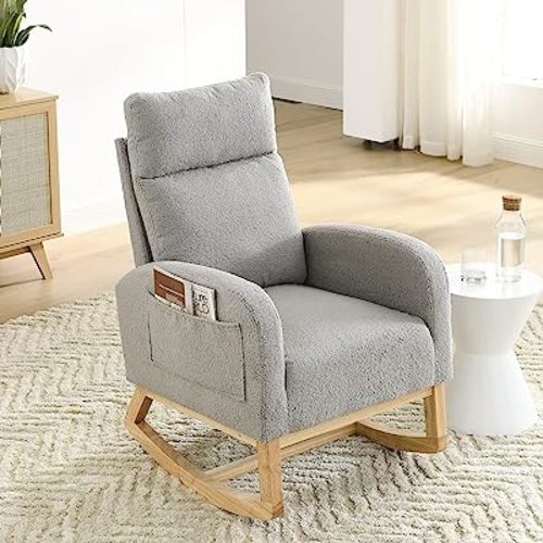 Nursery Rocking Chair with Solid Wood Legs, Glider Chair for Nursery with Two Side Pockets, Rocker Armchair for Living Room Bedroom (Grey, Teddy Fabric)