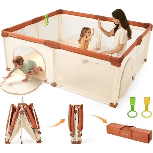 Tinyiota Foldable Baby Playpen, 59x71 Inch Portable Play Yard for Babies and Toddlers with Soft Breathable Mesh, Storage Bag & 2 Pull-Toy Handles for Indoor & Outdoor (Brown, 59x71)
