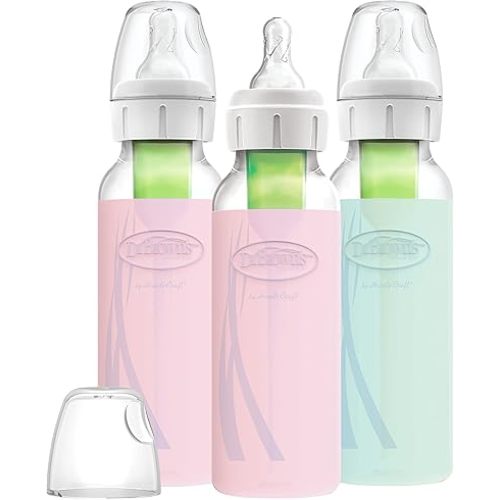 Dr. Brown's Natural Flow Anti-Colic Options+ Narrow Glass Baby Bottle, 8 oz/250 mL, with Silicone Bottle Sleeve, 3 Pack, Pink/Pink/Mint