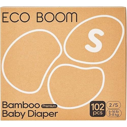 Eco Boom Bamboo Baby Diapers - Hypoallergenic, Ultra Soft Nappies Size Small (2S) - 102 pcs per Box