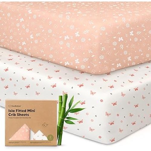 Pack and Play Sheets Fitted - 2-Pack Mini Crib Sheets for Pack N Play Mattress 38x26, Soft & Cozy, Neutral Toddler Playard Bedding, Snug Fitted Mini Baby Crib Mattress Cover Boy, Girl (Butterflies)