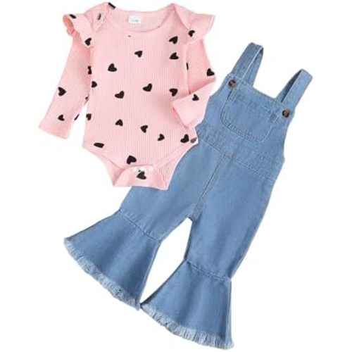 SUNNY PIGGY Baby Girl Newborn Clothes Infant Toddler Outfits Flare Jeans Overall Pant Set Fall Winter 0-4T